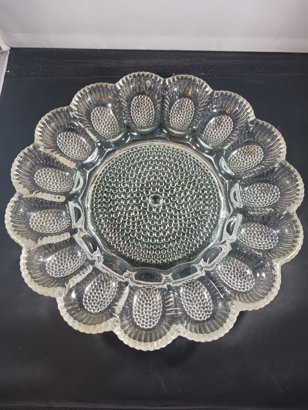 Vintage LE Smith Clear Cut Glass Round 11" Deviled Egg Plate